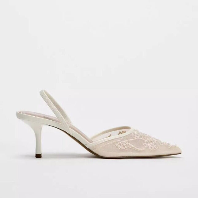 Spring New Product  Women's Rear Strap Embroidered Mesh High Heels