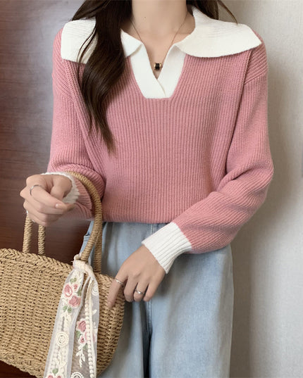 Contrast Color Polo Collar Soft Glutinous Sweater Women's Autumn And Winter