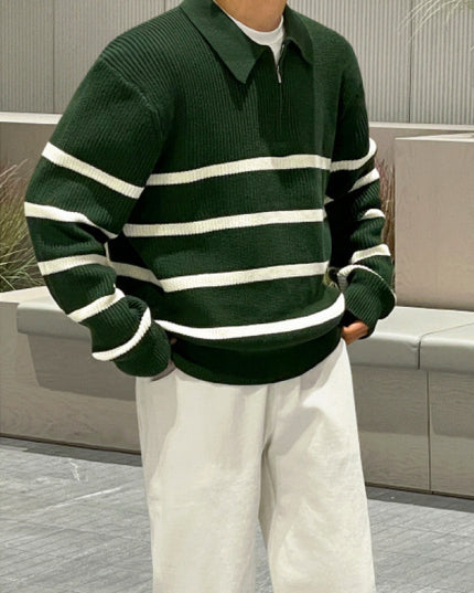 Half Zipper Contrast Color Knitwear Men's Loose Polo Collar Sweater