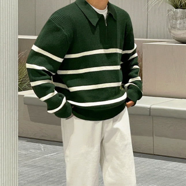 Half Zipper Contrast Color Knitwear Men's Loose Polo Collar Sweater