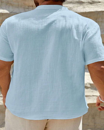 Men's Cotton And Linen Double-layer Solid Color Cuban Collar Short Sleeve Shirt