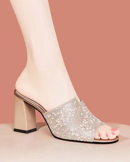Genuine Leather Cowhide Thick Heel Slippers