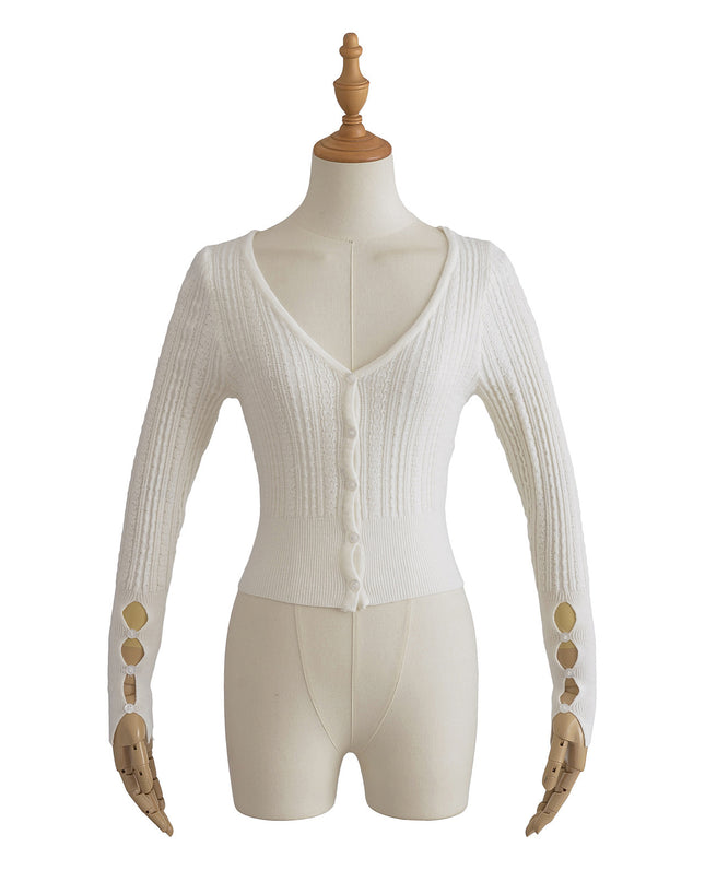 American Hot Girl Pure Desire Sexy V-neck Single-breasted Long Sleeve Sweater
