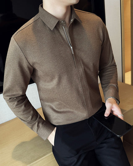 Zipper Design Seamless Elastic Slim Fit Striped Long Sleeve Shirt