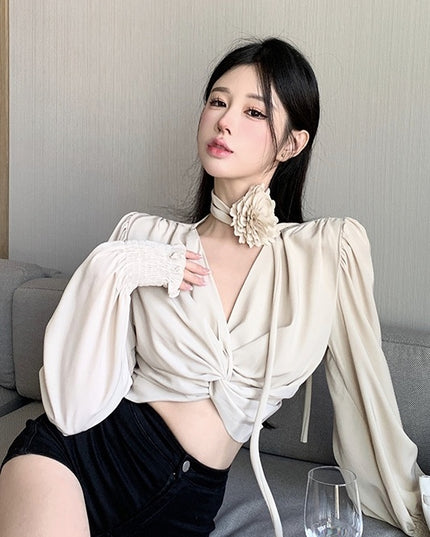 Women's Short Lace-up Kink Puff Sleeve Shirt Top