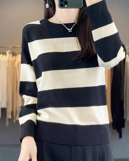 Women's Round Neck Sweater Loose-fitting Striped Long Sleeves