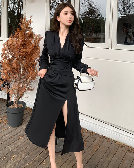 Pleat And Waisted Lantern Sleeve Dress Simple Adult Lady Like Woman Style