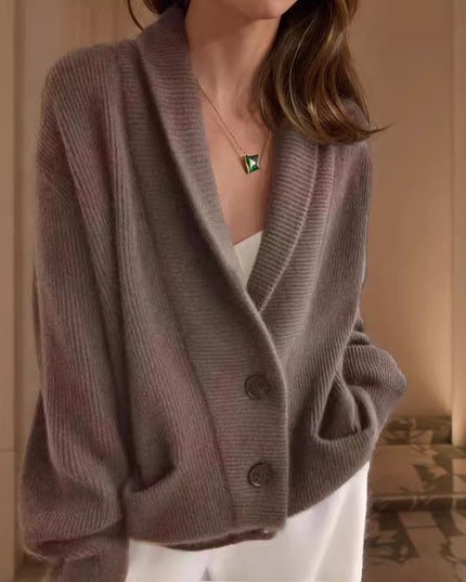 Retro Lapels Solid Color Long Sleeve Knitted Cardigan