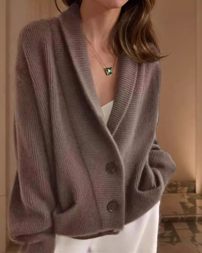 Retro Lapels Solid Color Long Sleeve Knitted Cardigan