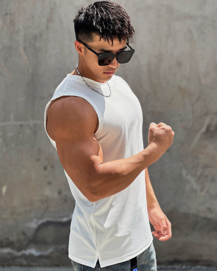 Summer Workout Vest Exercise Sleeveless Round Neck Striped Quick-drying Breathable Basketball Running Training Clothing Men