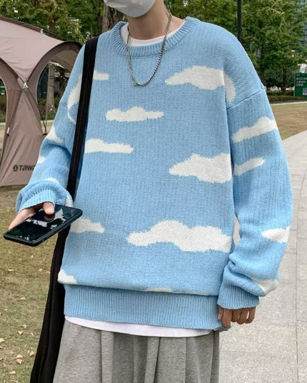 Vintage Blue Sky White Clouds Jacquard Loose-fitting Knitted Sweater