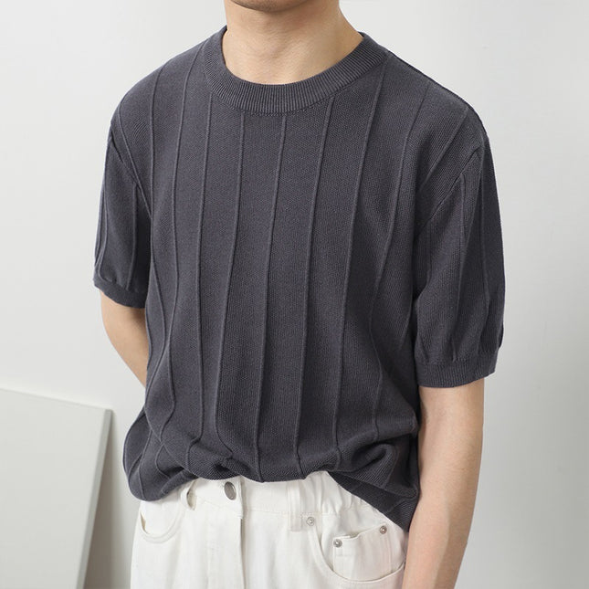 Ice Silk Knitted White Round Neck T-shirt Men's Short Sleeve