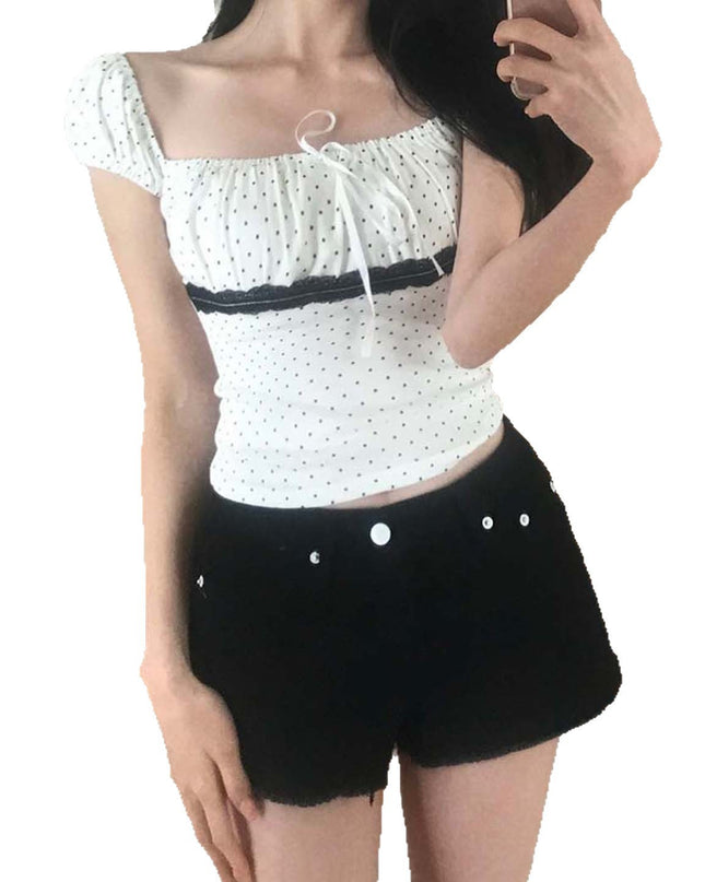 Women's Polka Dot Lace Stitching Tied Square Collar Short Sleeve Top