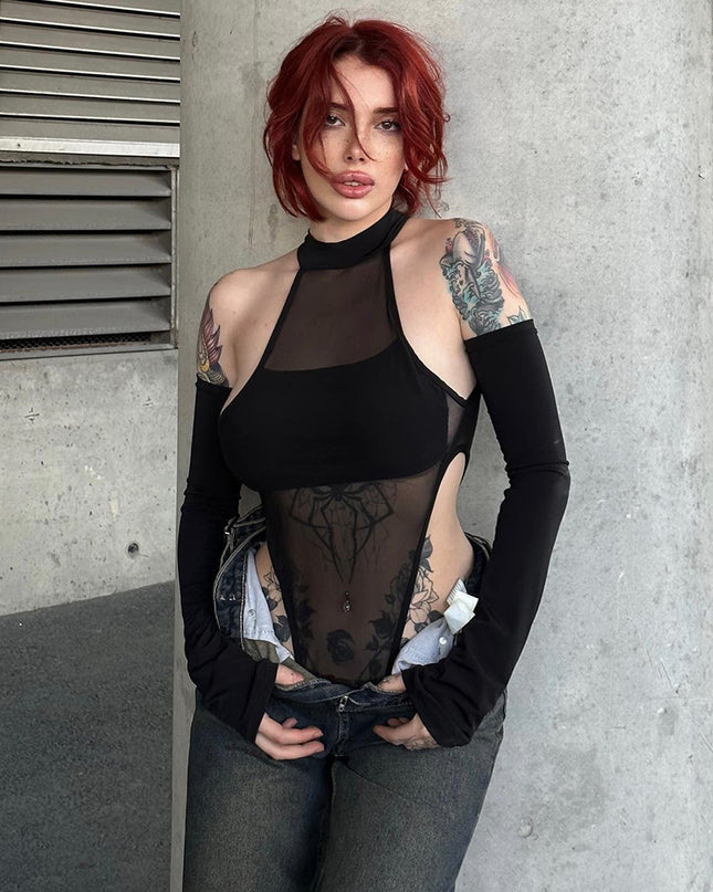 Long Sleeve Crotch Mesh Hollow High Elastic One-piece Women's Top