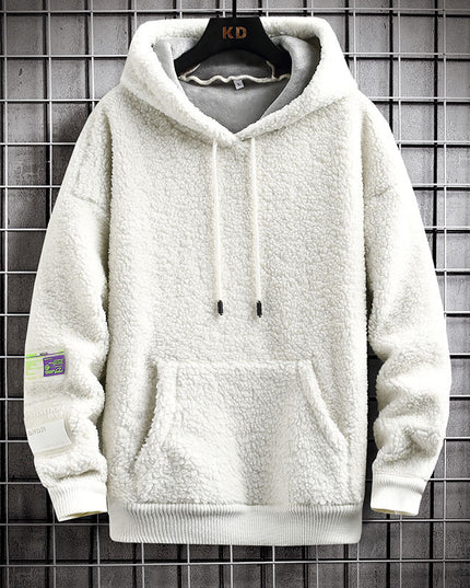 Men's Hooded Drawstring Pocket Lamb Wool Sweatshirt Velvet Padded Thickened Coat