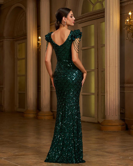 Round Neck Beads Banquet Sequined Slit Evening Dress Dress