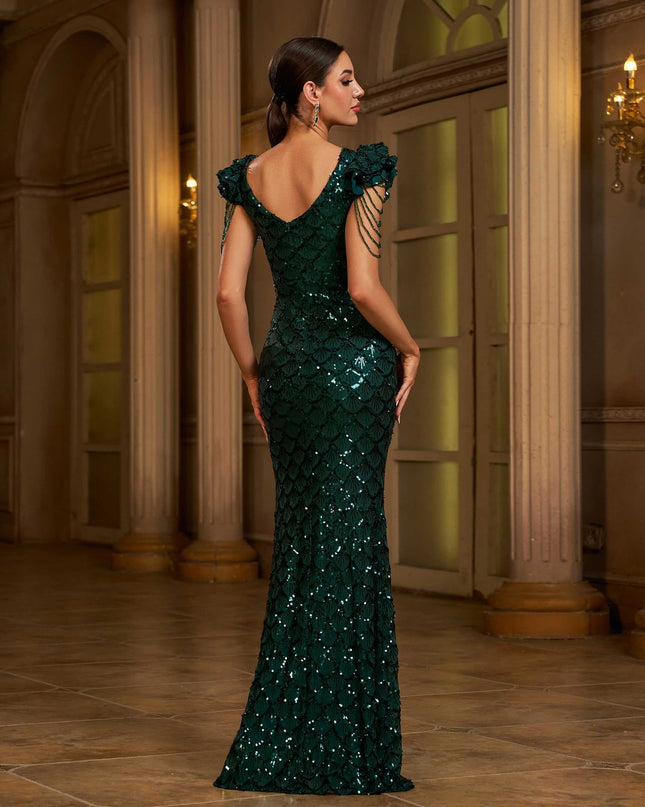 Round Neck Beads Banquet Sequined Slit Evening Dress Dress