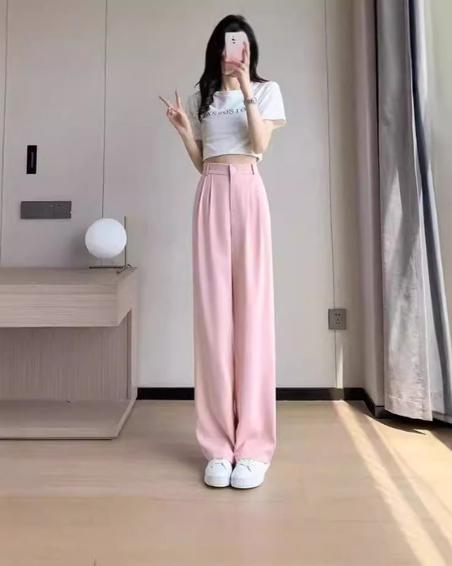 Women's Wide-leg Pants Summer Thin High Waist Slimming Draping Figure Small Straight Single Buckle Casual