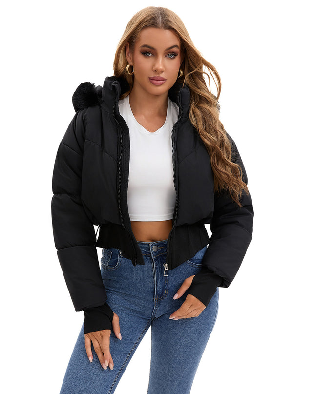 Women's Hooded Large Fur Collar Short Cotton Jacket