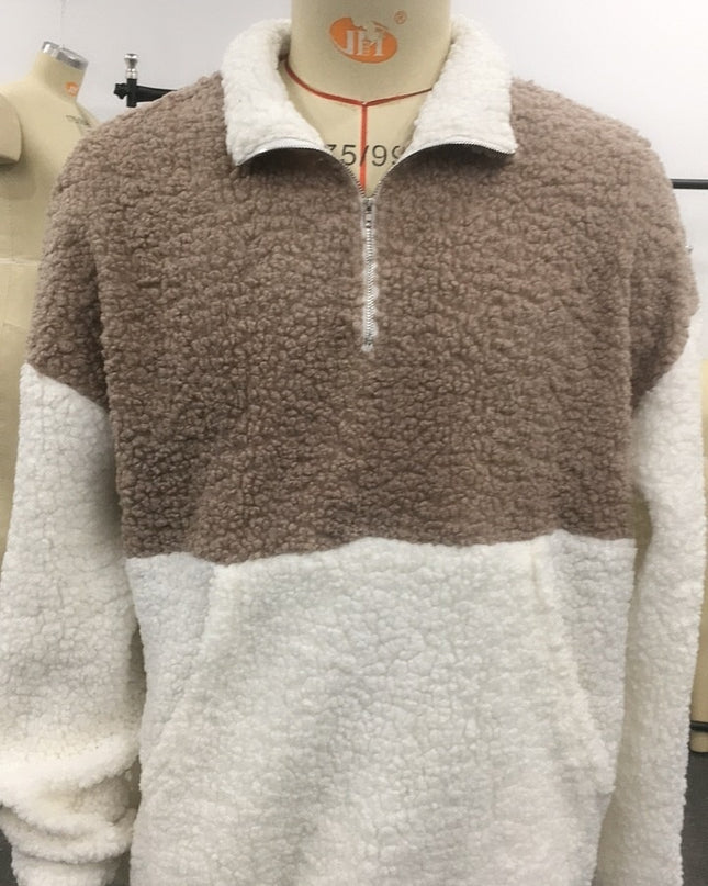 Fall Winter Men Simple Contrast Color Polar Fleece Thermal Sweater