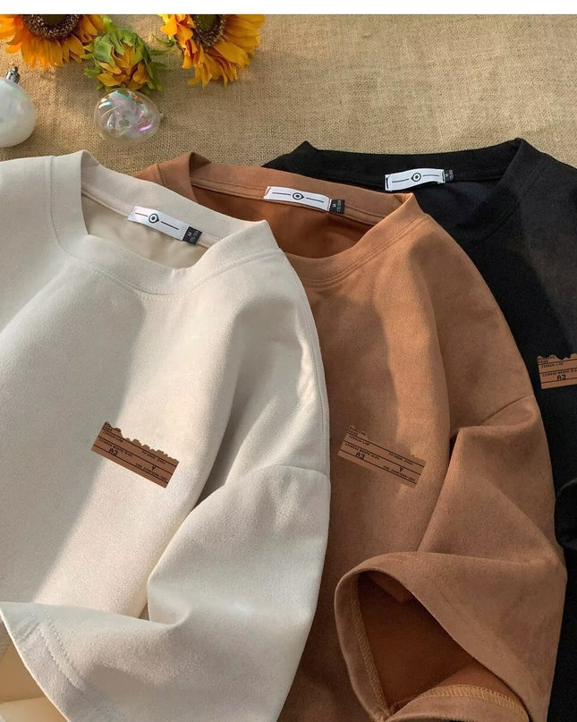 Retro Men's Suede Loose Half Sleeve T-shirt Teenagers Pop Top