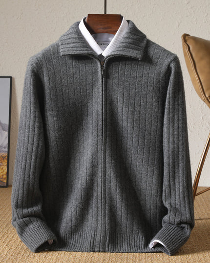 Pure Wool Sweater Men's Lapel Full Zipper