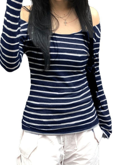Oblique Shoulder Stripes Lightweight Slim-fit Long Sleeve Casual Top