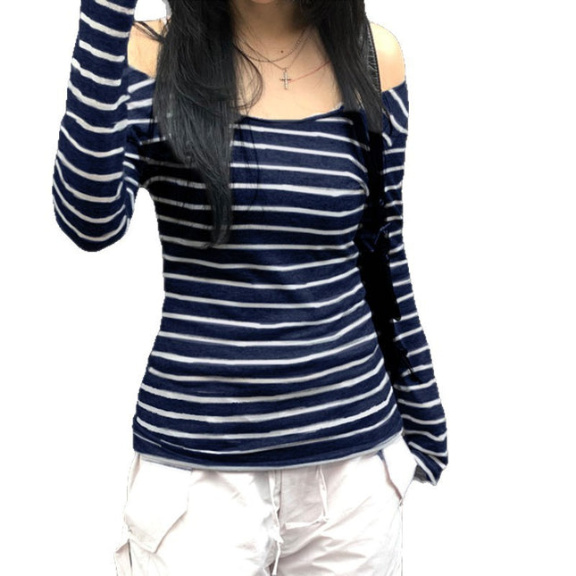 Oblique Shoulder Stripes Lightweight Slim-fit Long Sleeve Casual Top