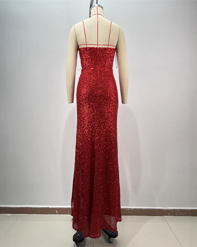 Drop-shaped Diamond Sexy Low-cut High Sitt Red Paillette Tube Coat And Dress