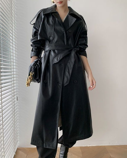 Retro Women's Mid-length Waist Slimming Pu Coat