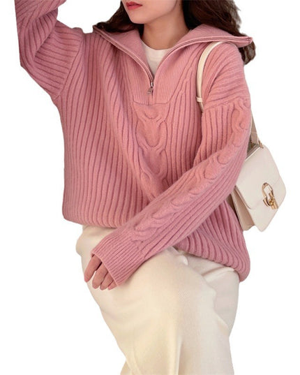 Half Zipper And Lapel Thick Sweater For Women Autumn And Winter
