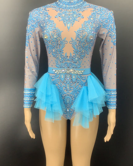 Dance Sexy Shiny Rhinestone Mesh Jumpsuit Stage Performance Costume Women