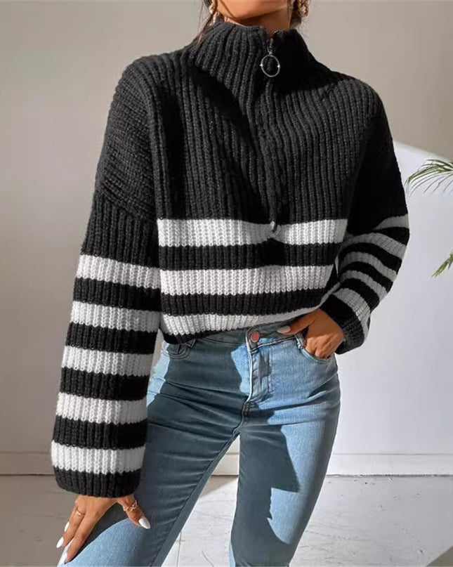 New Striped Contrast Color Stand-up Collar Knitted Pullover Sweater Outerwear Women