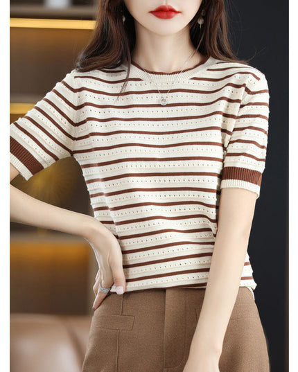 Loose Color Matching Striped Hollow Knitted Shirt