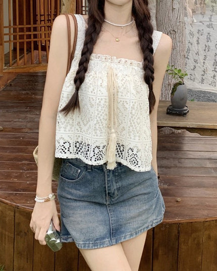Hollow-out Crocheted Wooden Ear Lace Camisole