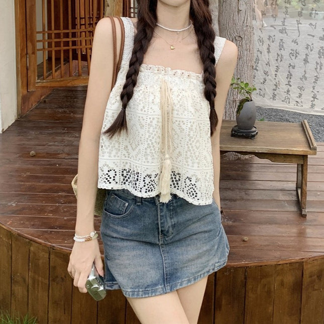 Hollow-out Crocheted Wooden Ear Lace Camisole