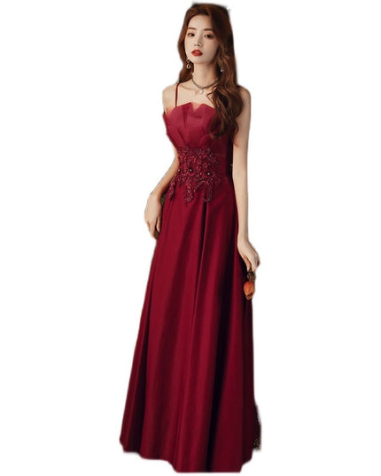 Engagement Strap Evening Dress Simple Atmosphere Wine Red