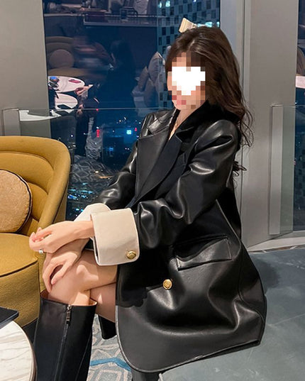 High Sense Black PU Leather Coat Women