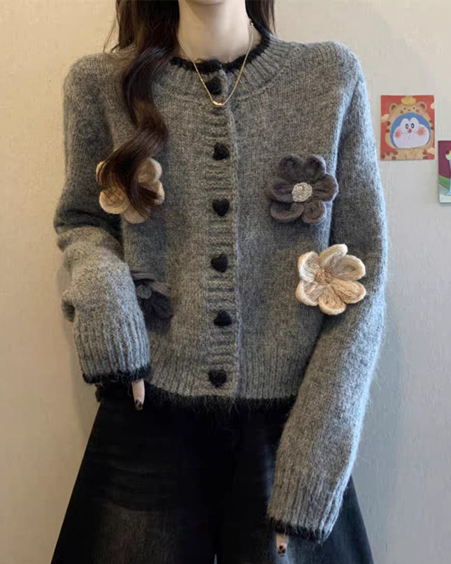 French Style Temperament Flower Round Neck Sweater Short Knitted Cardigan