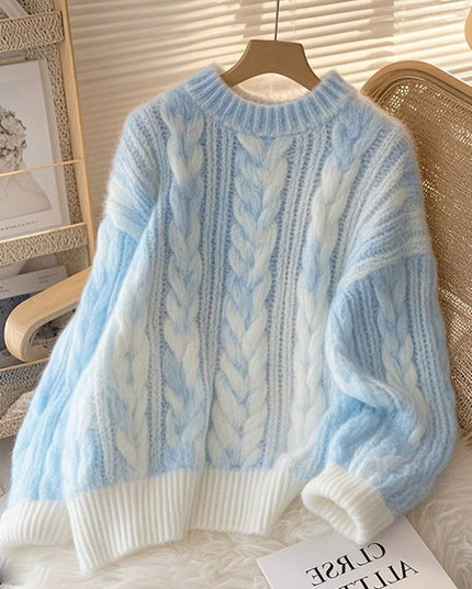 Blue Soft Glutinous Lazy High-grade Pullover Cable-knit Sweater