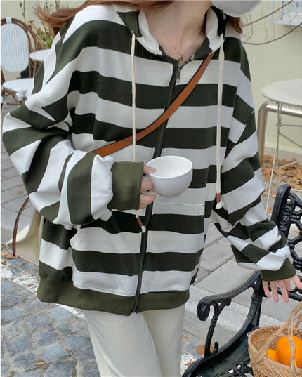 Striped Hooded Sweater Women's Loose Cardigan Zipper Coat