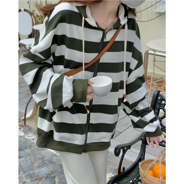 Striped Hooded Sweater Women's Loose Cardigan Zipper Coat