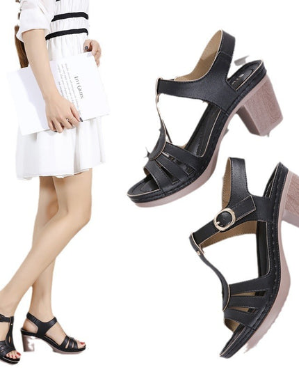 European And American Women's Metal Buckle Stitching Thick High Heel Comfortable Sandals