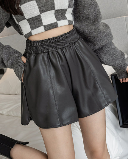 PU Leather Elastic Waist Autumn And Winter A- Line Small High Waist Slimming Outside Wear Casual Shorts