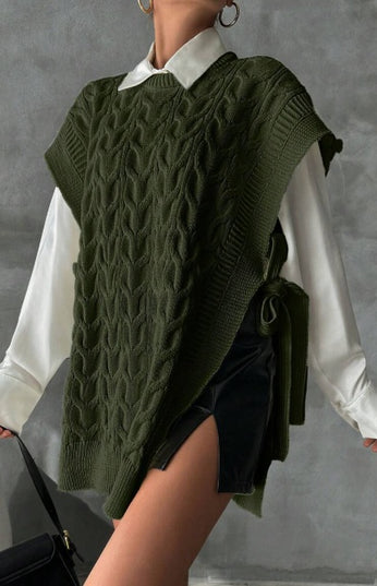 Women's Solid Color V-Neck Tie Casual Knit Vest
