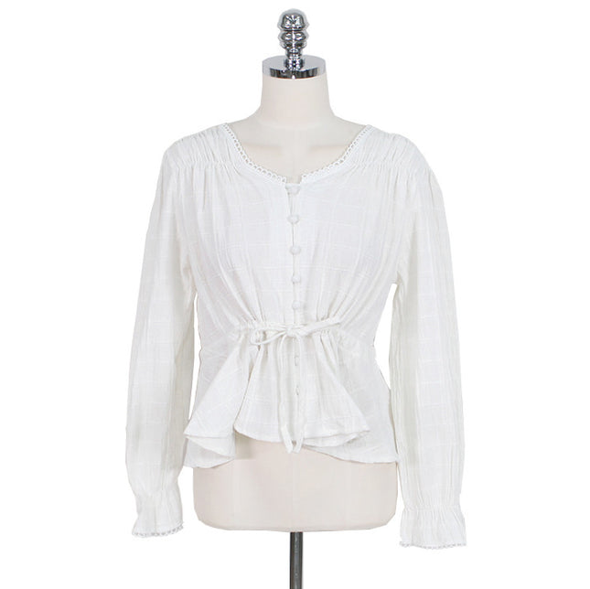 Loose And Sweet Solid Color Long-sleeved Waist Top