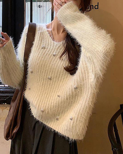 Women's Heavy Industry Beaded Loose Red New Year Pullover Sweater