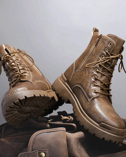 Men's High-top British Platform Work Shoes Leather Boots Retro Cycling Boots