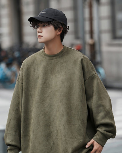 Suede Heavy Round Neck All-matching Sweater Men's Solid Color Loose