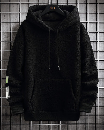 Men's Hooded Drawstring Pocket Lamb Wool Sweatshirt Velvet Padded Thickened Coat